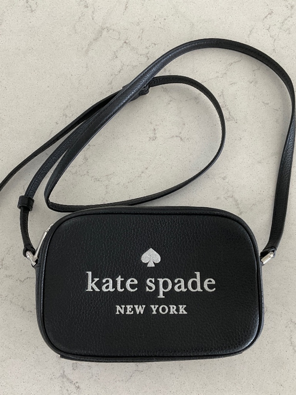 Kate Spade Black Leather Silver Glitter Logo Crossbody Bag – Never Used!